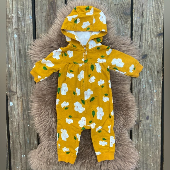 Carter’s Hooded Cotton Jumpsuit - Yellow/Floral, Size 6m - Picture 1 of 4